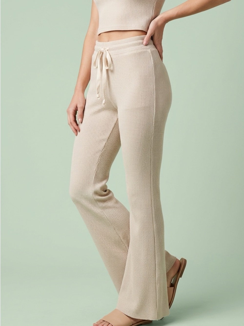 American Eagle Outfitters Cream Waffle-Knit Flare Pants